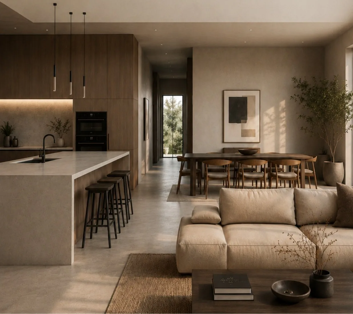Warm modern kitchen and living interior