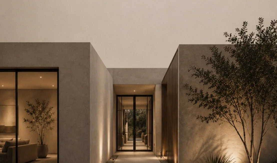 Modern courtyard home entrance at dusk